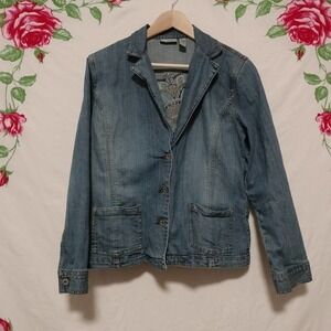 Chico's Platinum SZ 1 Blue Jean Denim Jacket Pockets Buttons Embroidered Back
